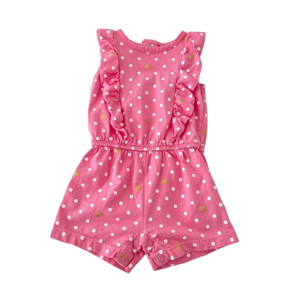 Carter's Pink & White Polka Dot Ruffle Romper w/Gold Hearts, Baby Girl 9 Months